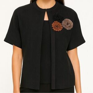 ST. JOHN Collection Wool Knit Short Sleeve Jacket with Appliqué Flowers Elegant